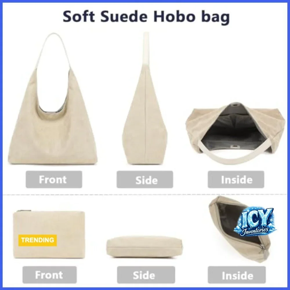 Faux Suede Hobo Bag, Large Capacity Tote with Cosmetic Bag